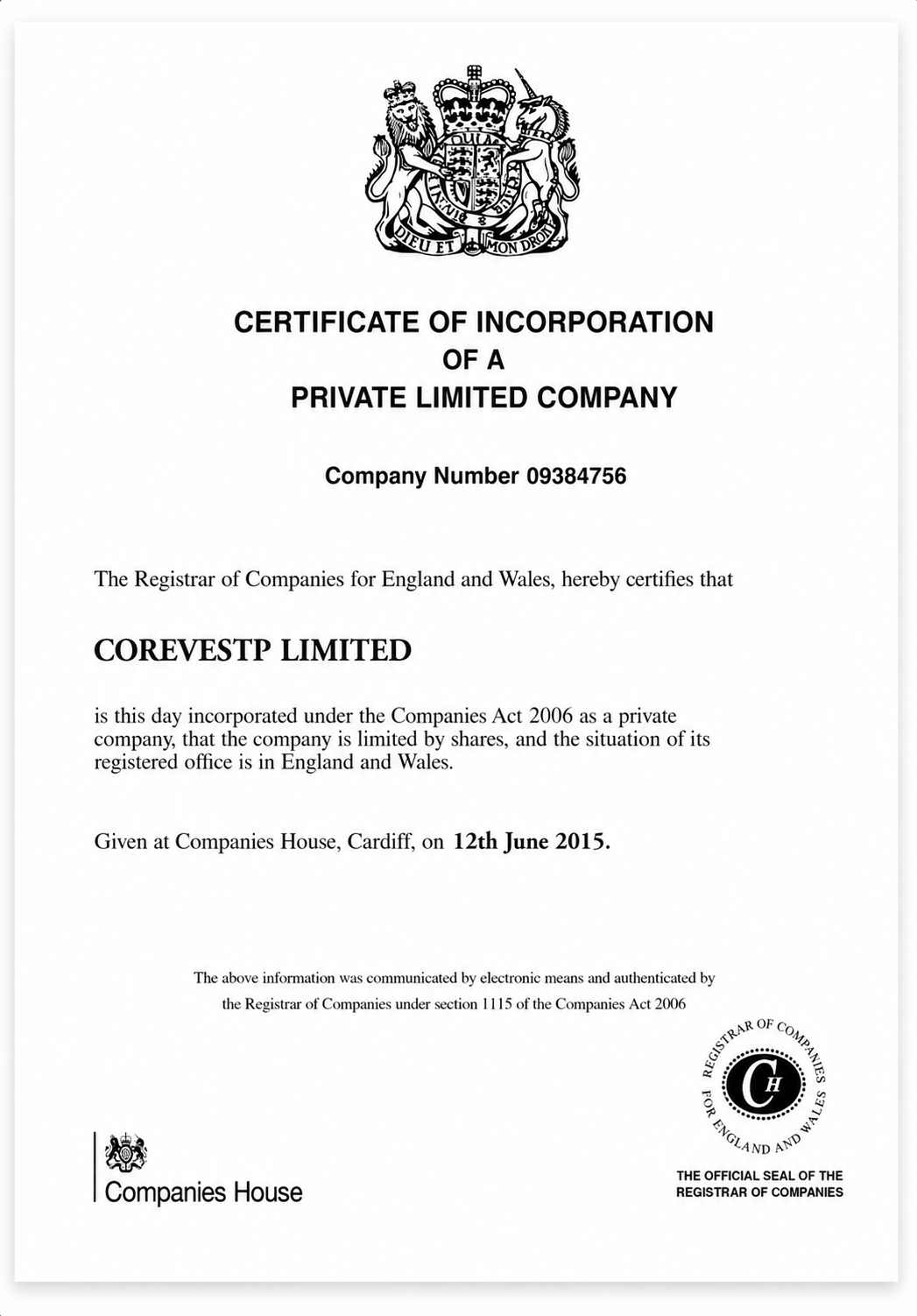 CoreVestP Limited UK Certificate of Incorporation